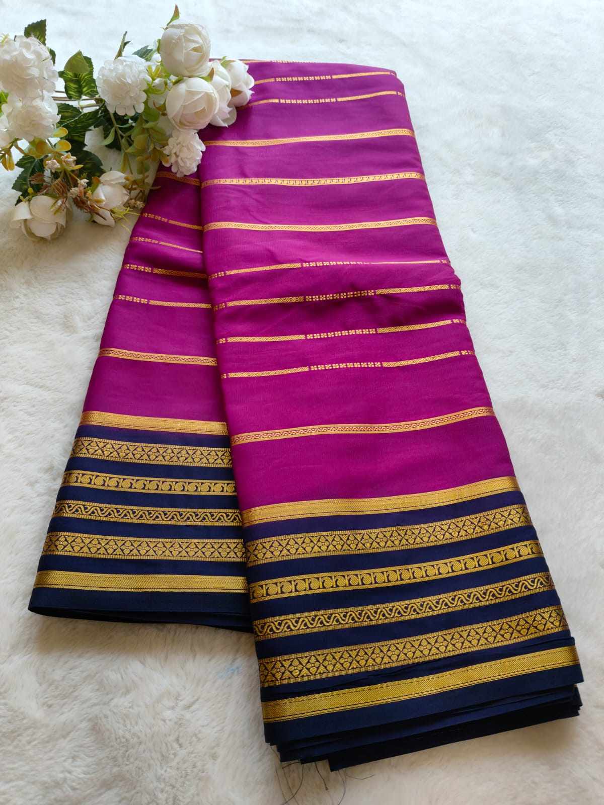 Magenta & Navy Blue Silk Saree with Gold Zari Border | Traditional Indian Saree - SS- 103