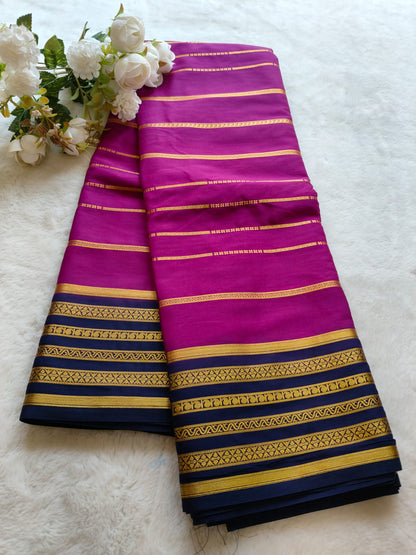 Magenta & Navy Blue Silk Saree with Gold Zari Border | Traditional Indian Saree - SS- 103