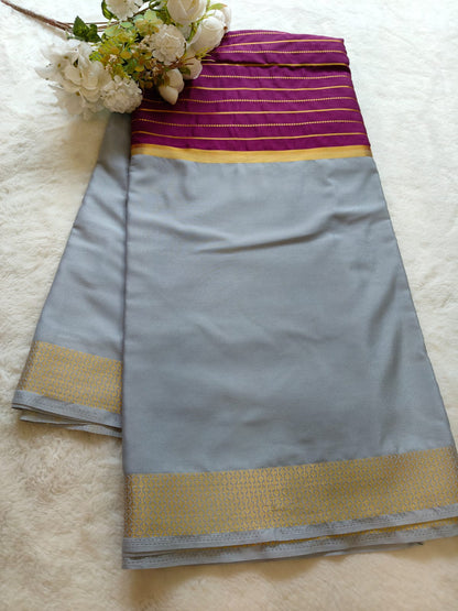 Grey & Magenta Silk Saree with Gold Zari Border | Elegant Traditional Saree - SS-105