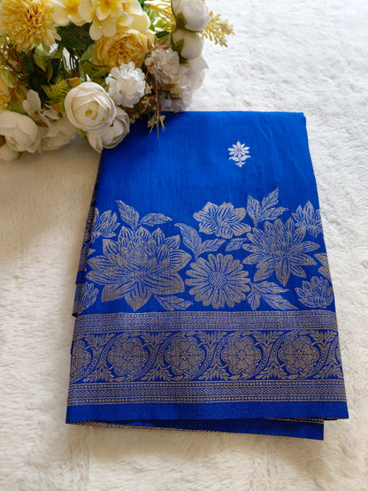 Pani Silk Saree Navy Blue & Royal Blue with Silver Zari Floral Border | SS-106