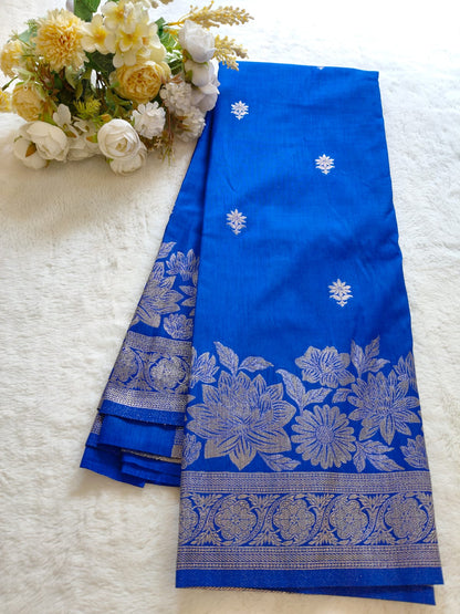 Pani Silk Saree Navy Blue & Royal Blue with Silver Zari Floral Border | SS-106