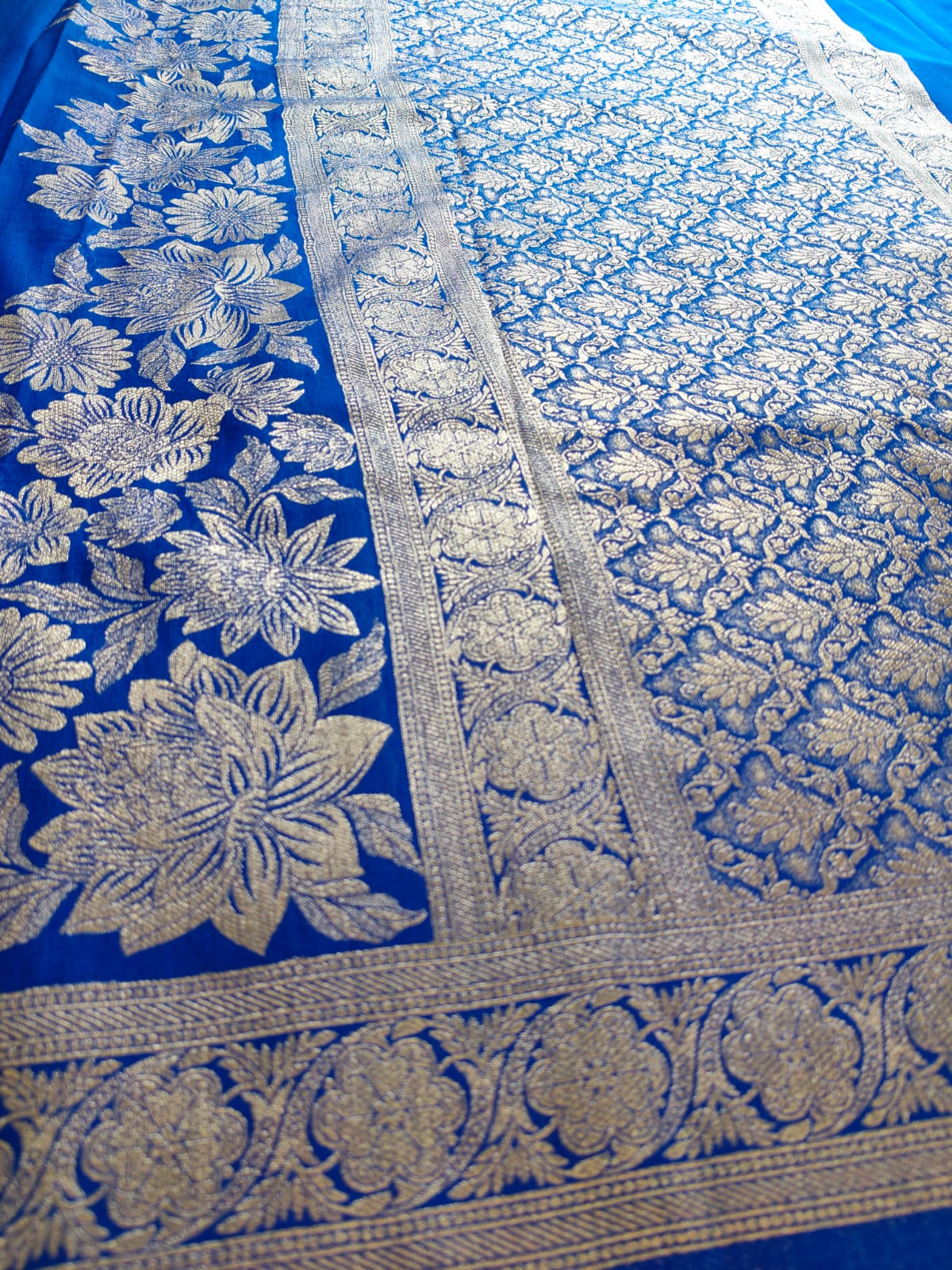 Pani Silk Saree Navy Blue & Royal Blue with Silver Zari Floral Border | SS-106