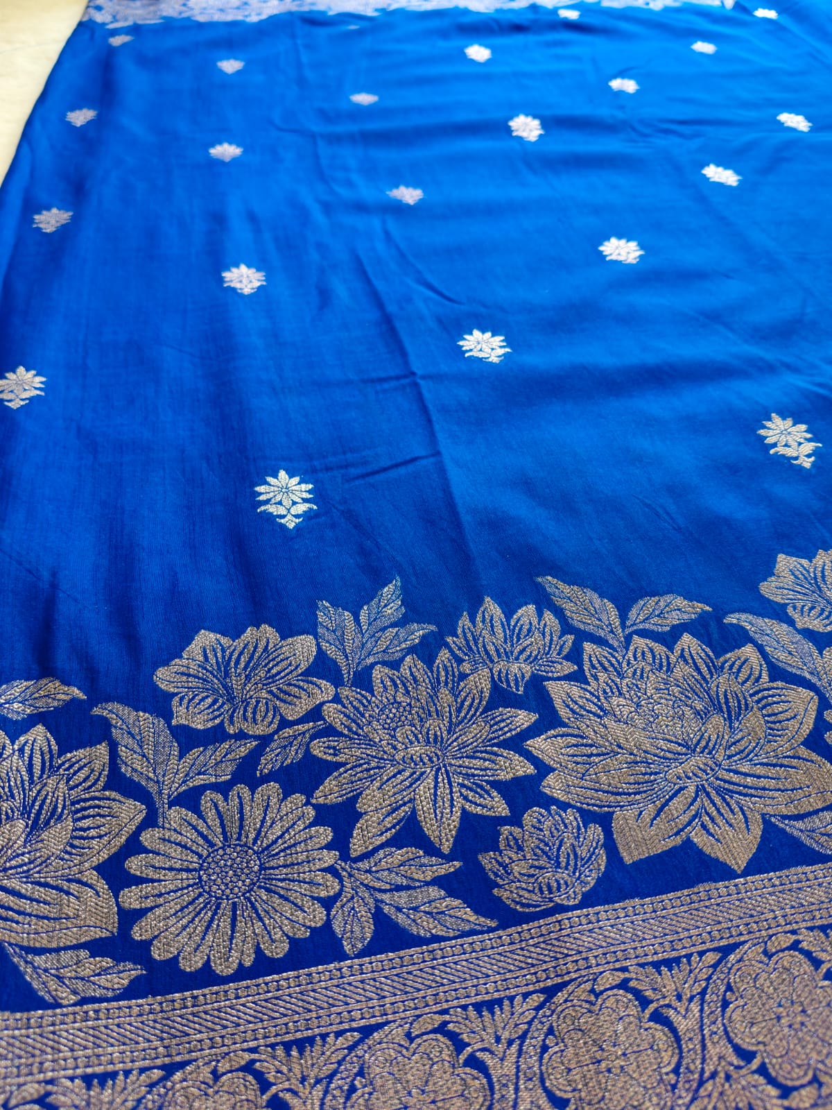 Pani Silk Saree Navy Blue & Royal Blue with Silver Zari Floral Border | SS-106