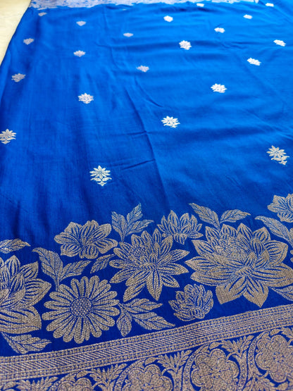 Pani Silk Saree Navy Blue & Royal Blue with Silver Zari Floral Border | SS-106