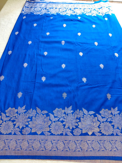 Pani Silk Saree Navy Blue & Royal Blue with Silver Zari Floral Border | SS-106