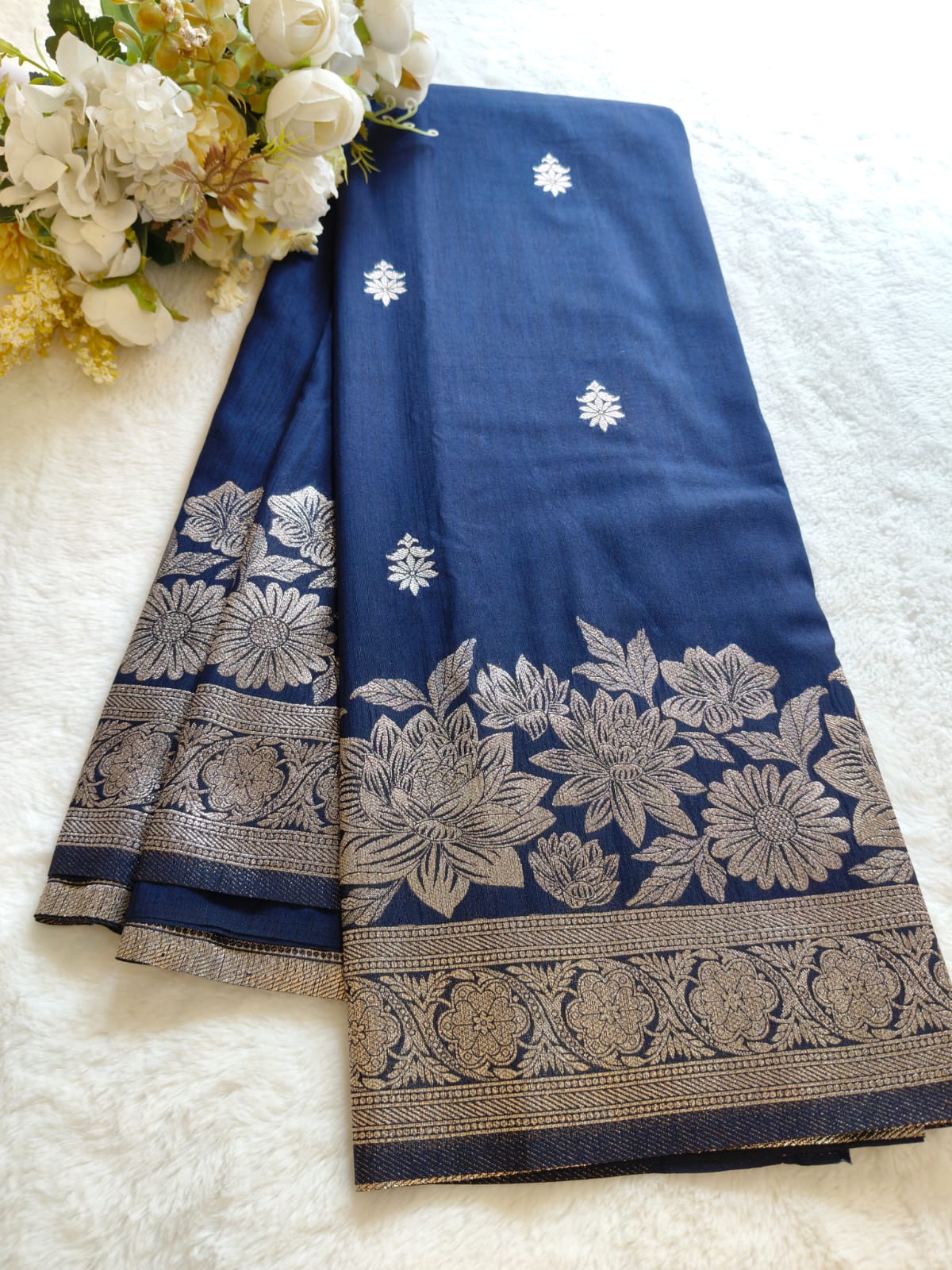 Pani Silk Saree Navy Blue & Royal Blue with Silver Zari Floral Border | SS-106