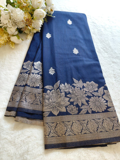 Pani Silk Saree Navy Blue & Royal Blue with Silver Zari Floral Border | SS-106