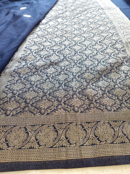 Pani Silk Saree Navy Blue & Royal Blue with Silver Zari Floral Border | SS-106