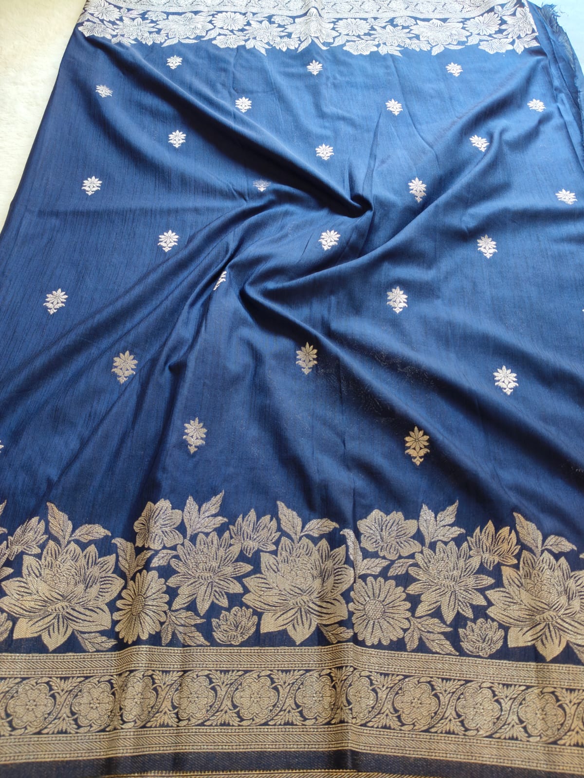 Pani Silk Saree Navy Blue & Royal Blue with Silver Zari Floral Border | SS-106