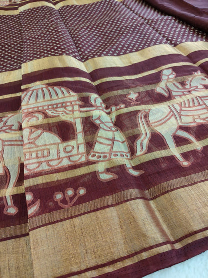 Printed Linen Saree with Traditional Horse Motifs | Artistic Festive & Casual Wear Saree - SS-110