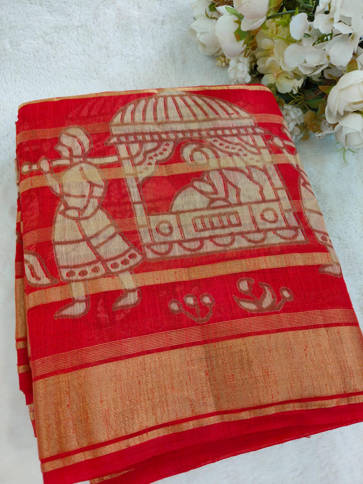 Printed Linen Saree with Traditional Horse Motifs | Artistic Festive & Casual Wear Saree - SS-110