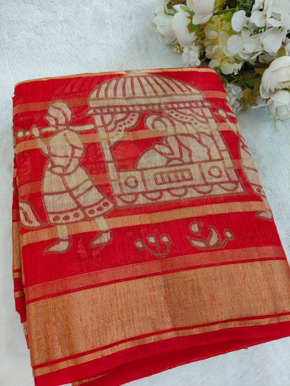Printed Linen Saree with Traditional Horse Motifs | Artistic Festive & Casual Wear Saree - SS-110