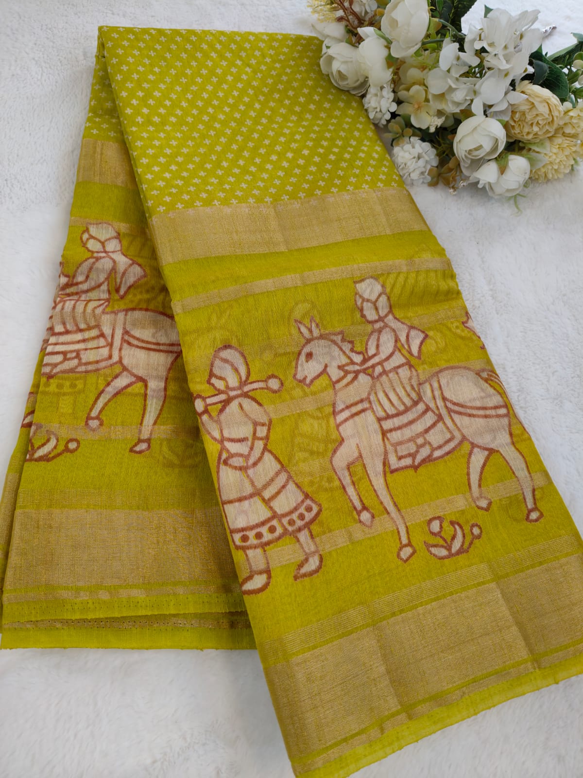 Printed Linen Saree with Traditional Horse Motifs | Artistic Festive & Casual Wear Saree - SS-110