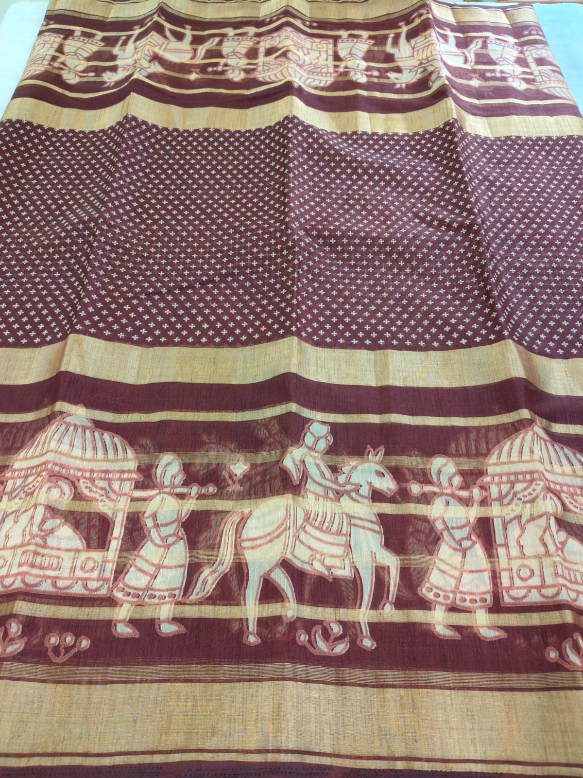 Printed Linen Saree with Traditional Horse Motifs | Artistic Festive & Casual Wear Saree - SS-110