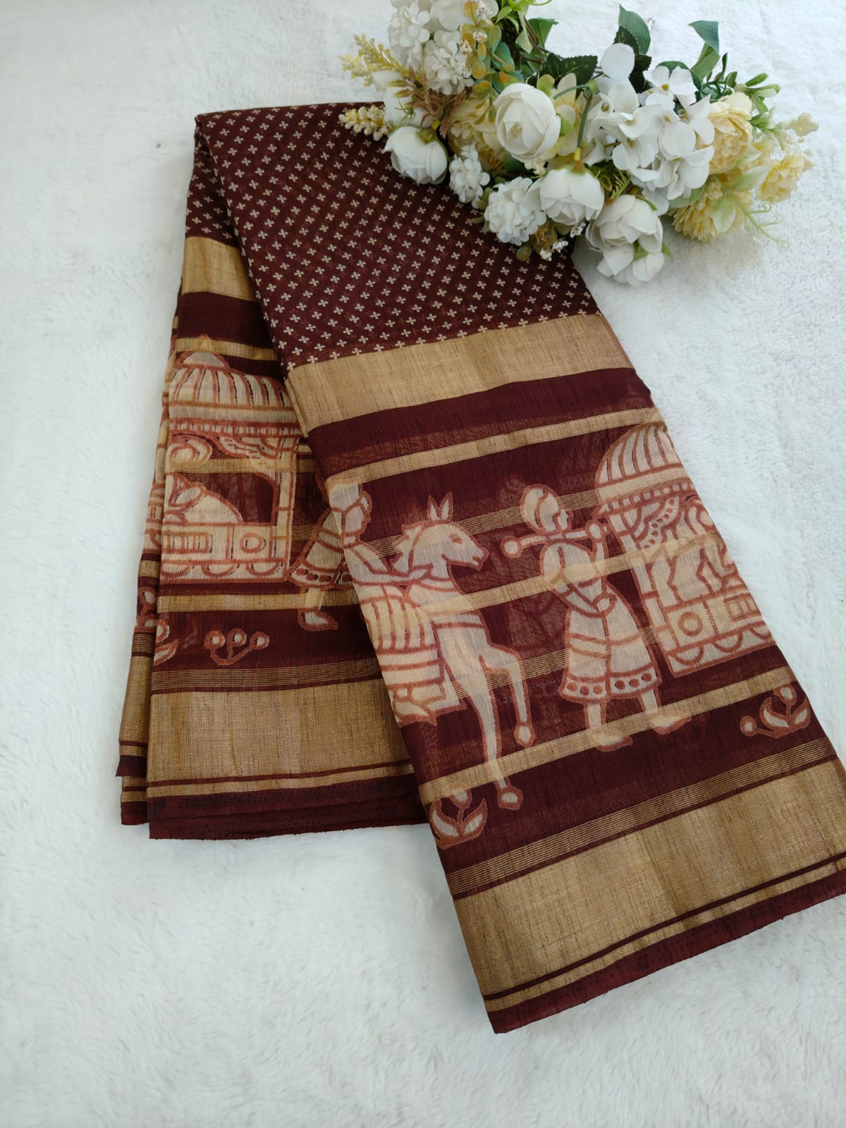Printed Linen Saree with Traditional Horse Motifs | Artistic Festive & Casual Wear Saree - SS-110