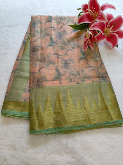 Soft Tissue Silk Floral Printed Saree with Contrast Border | Lightweight Elegant Party Wear- S-111