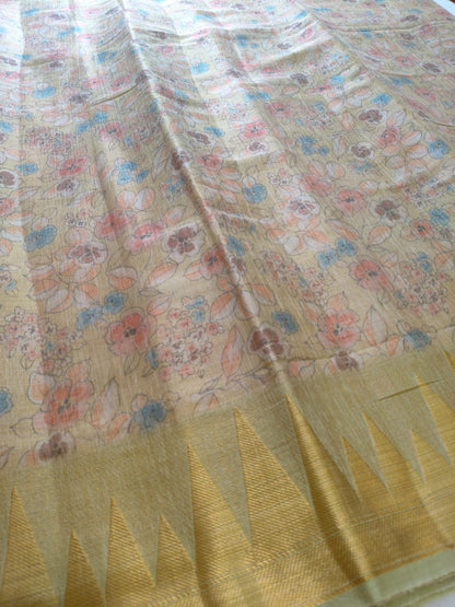 Soft Tissue Silk Floral Printed Saree with Contrast Border | Lightweight Elegant Party Wear- S-111