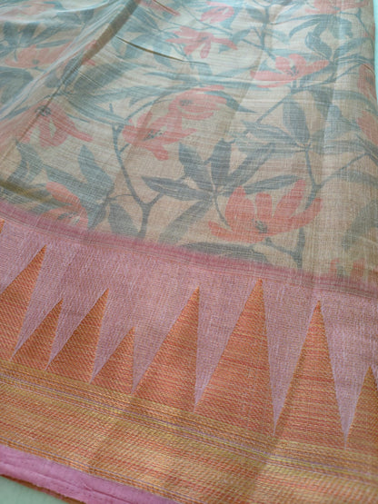 Soft Tissue Silk Floral Printed Saree with Contrast Border | Lightweight Elegant Party Wear- S-111