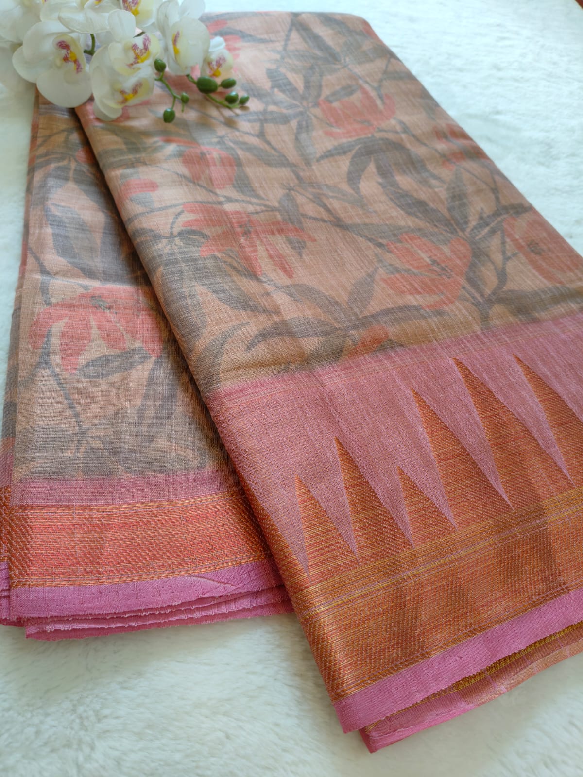 Soft Tissue Silk Floral Printed Saree with Contrast Border | Lightweight Elegant Party Wear- S-111