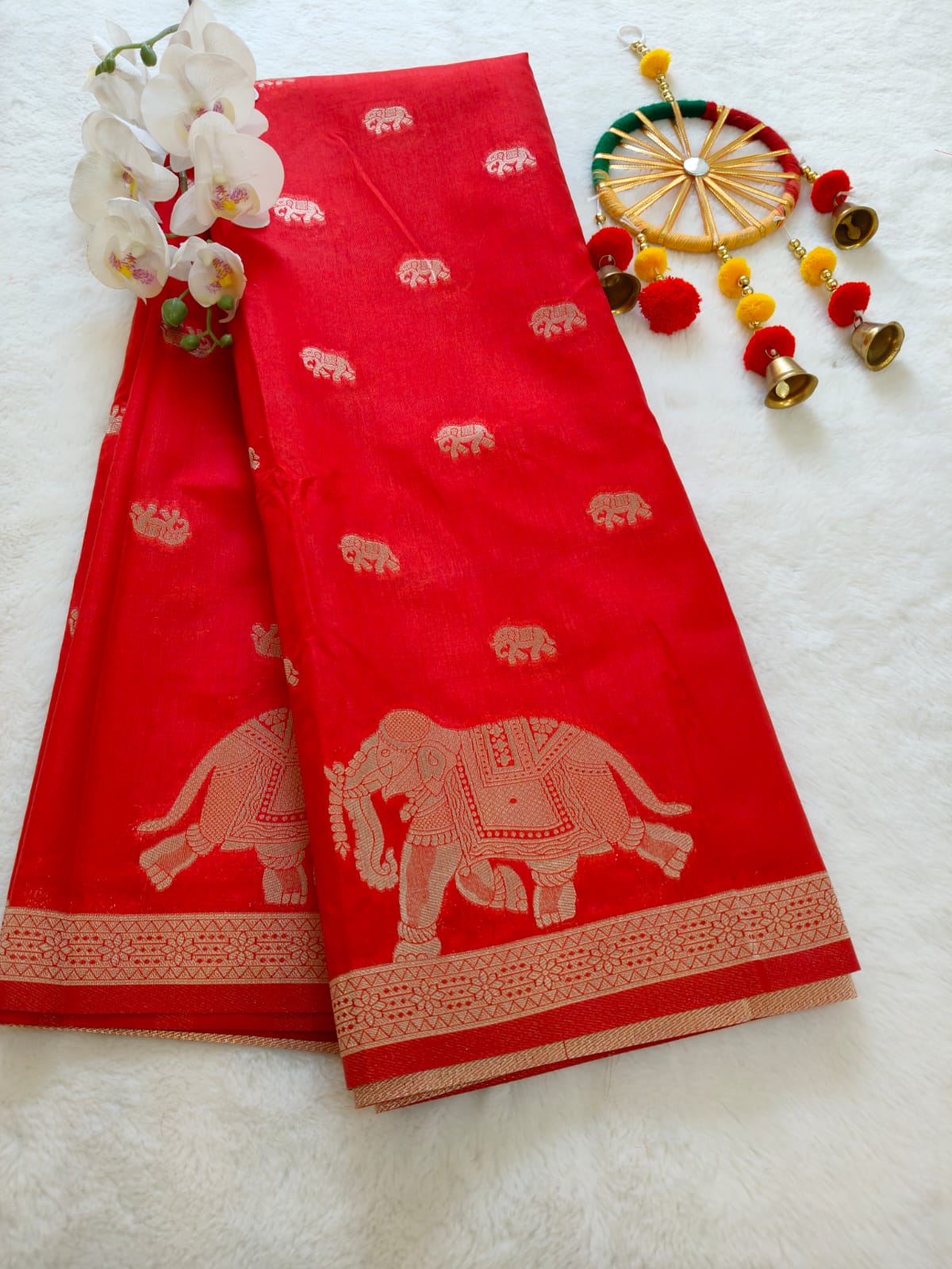 Red Dola Viscose Saree with Elephant Zari Border | Traditional Festive Wear Saree -SS-112