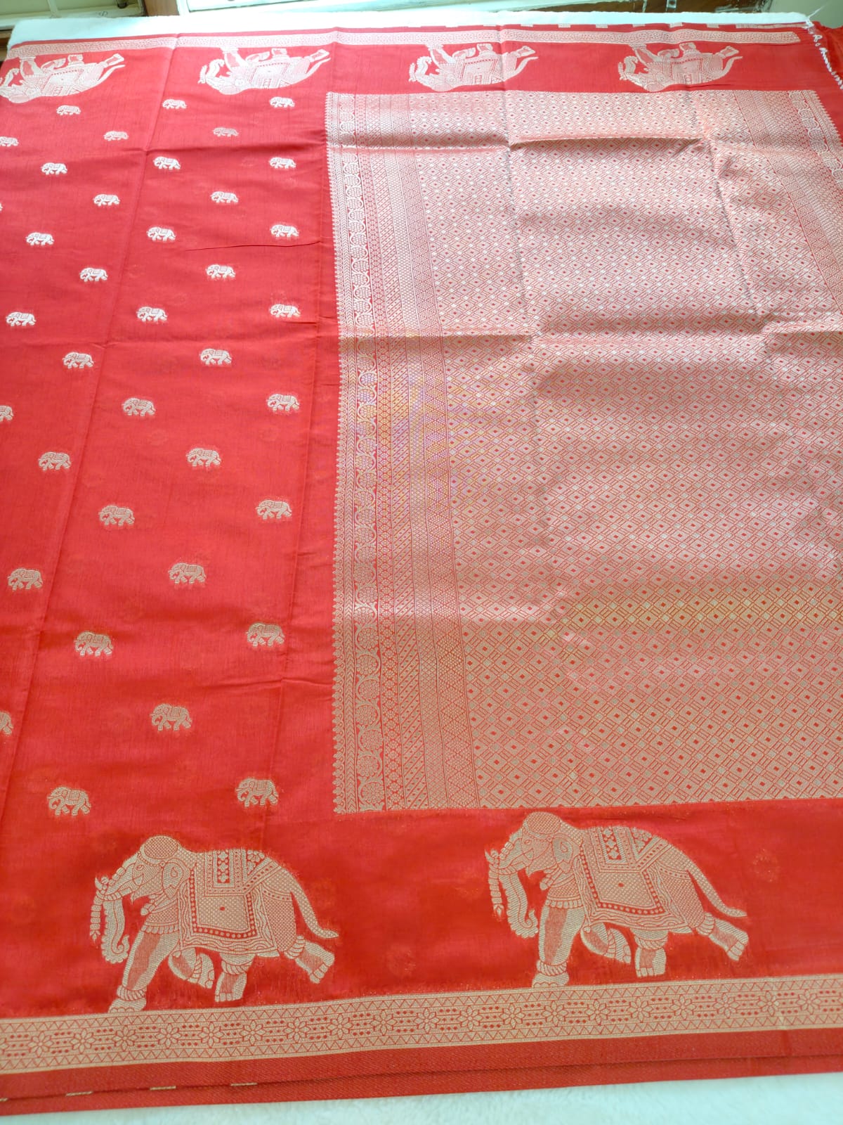 Red Dola Viscose Saree with Elephant Zari Border | Traditional Festive Wear Saree -SS-112