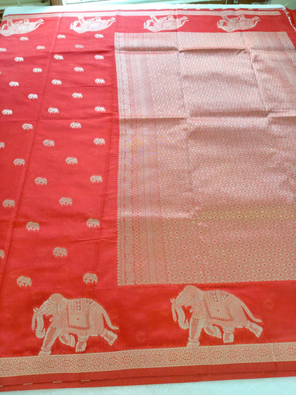 Red Dola Viscose Saree with Elephant Zari Border | Traditional Festive Wear Saree -SS-112
