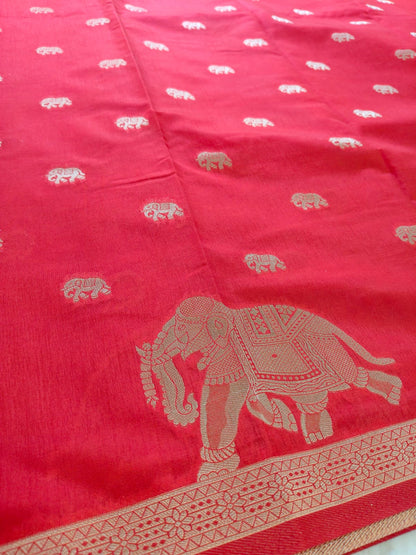 Red Dola Viscose Saree with Elephant Zari Border | Traditional Festive Wear Saree -SS-112