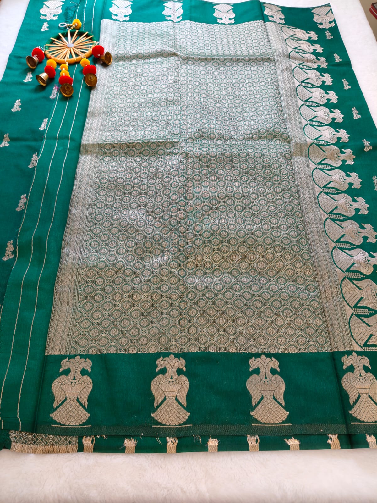 Green Dola Viscose Saree with Silver Zari Border | Elegant Festive & Wedding Wear Saree-SS- 113