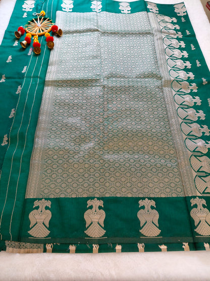 Green Dola Viscose Saree with Silver Zari Border | Elegant Festive & Wedding Wear Saree-SS- 113