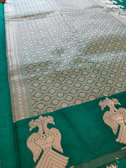 Green Dola Viscose Saree with Silver Zari Border | Elegant Festive & Wedding Wear Saree-SS- 113