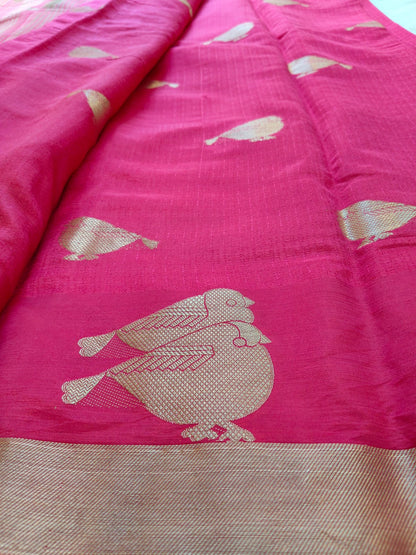 Pink Viscose Saree with Bird Zari Motifs & Rich Border | Festive & Wedding Wear SS-114