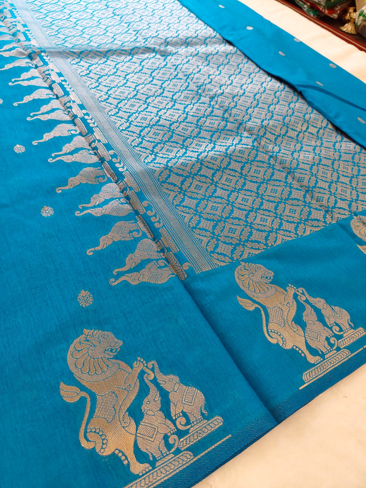 Elegant Blue Dola Viscose Saree with Silver Zari Motifs | Festive & Ethnic Wear - SS-115