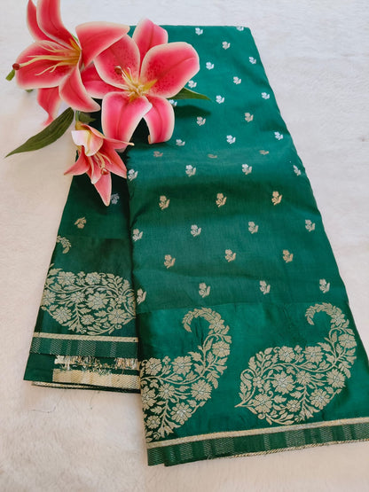 Elegant Green Silk Saree with Gold Zari Floral Border - SS-116