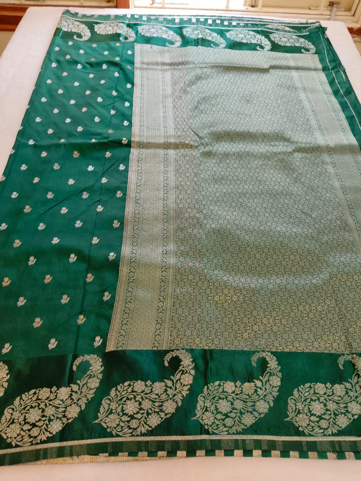 Elegant Green Silk Saree with Gold Zari Floral Border - SS-116