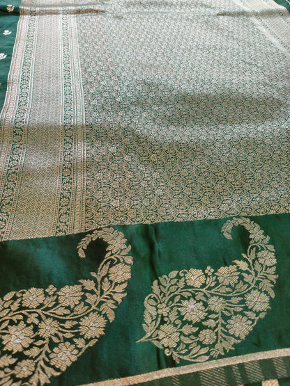 Elegant Green Silk Saree with Gold Zari Floral Border - SS-116