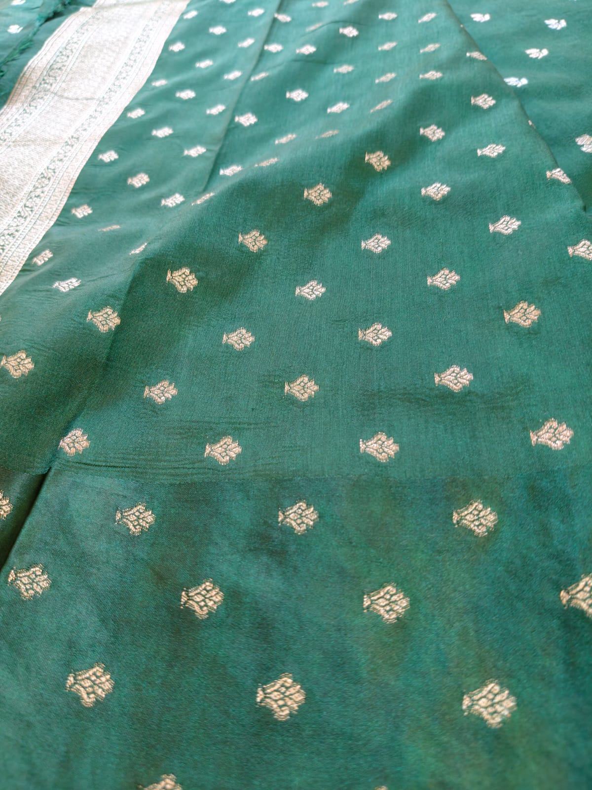 Elegant Green Silk Saree with Gold Zari Floral Border - SS-116