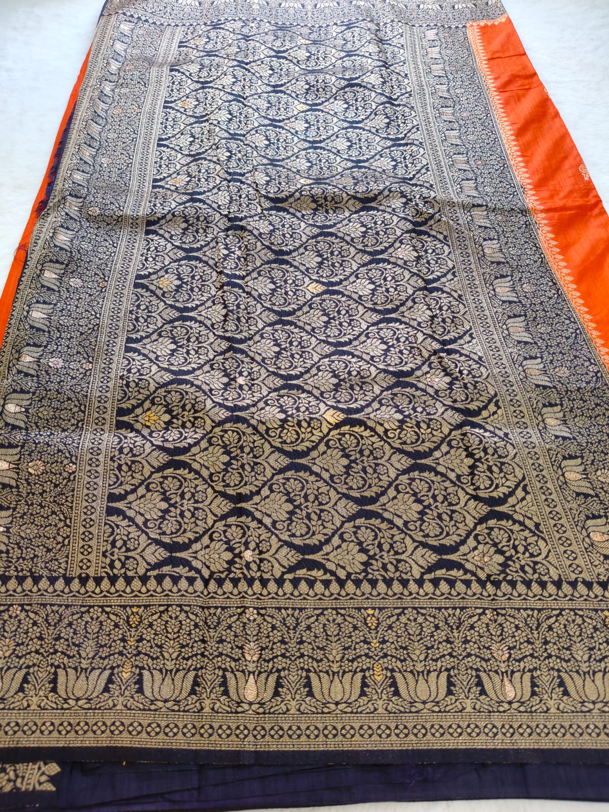 Vibrant Orange Silk Saree with Black & Gold Zari Border - SS-117