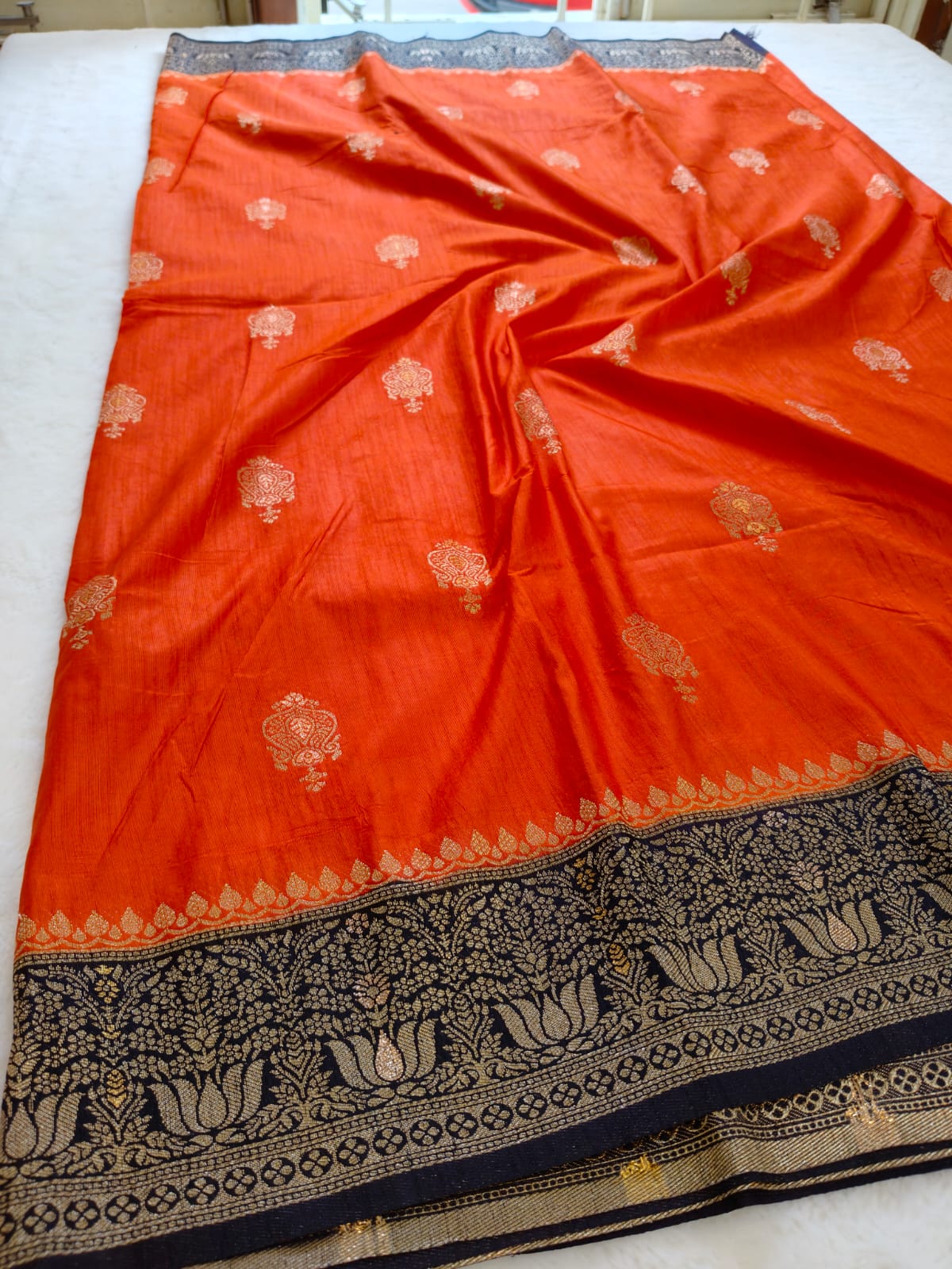Vibrant Orange Silk Saree with Black & Gold Zari Border - SS-117