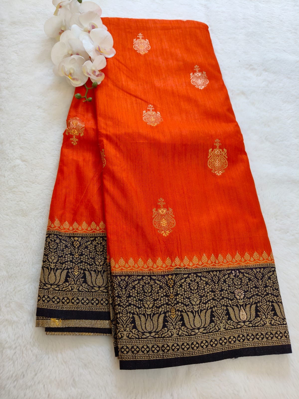 Vibrant Orange Silk Saree with Black & Gold Zari Border - SS-117