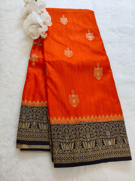 Vibrant Orange Silk Saree with Black & Gold Zari Border - SS-117
