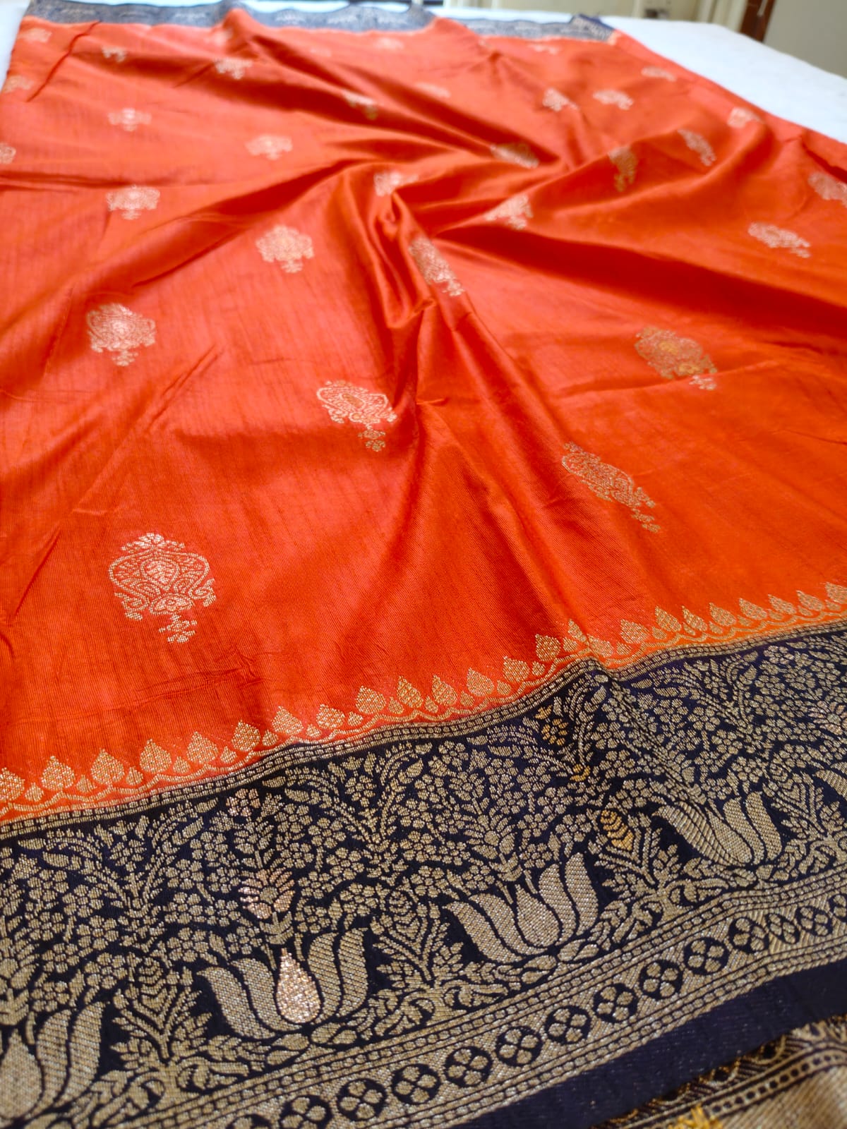 Vibrant Orange Silk Saree with Black & Gold Zari Border - SS-117