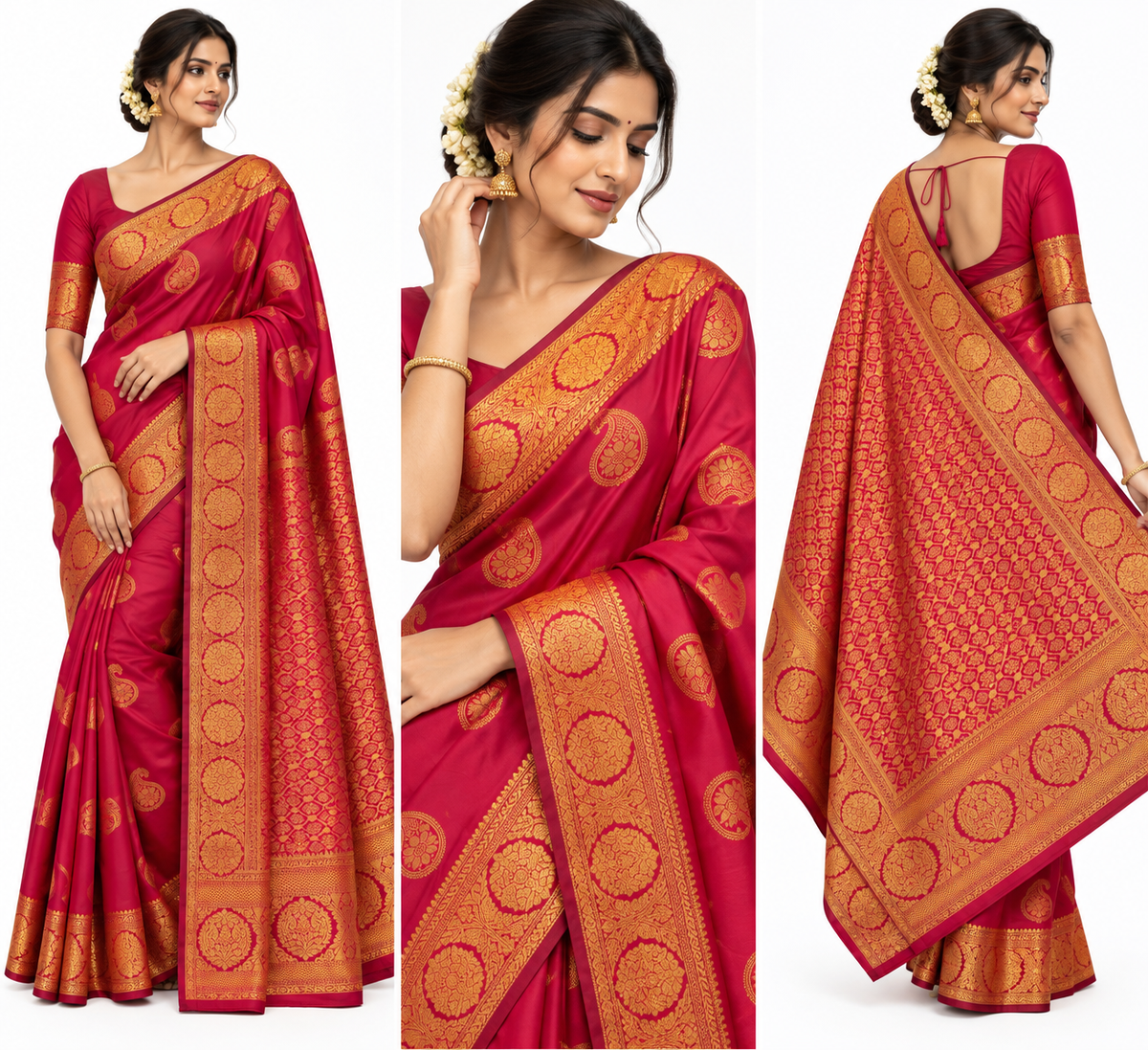 Elegant Magenta Kanchi Half Pattu Saree with Gold Paisley Motifs & Rich Zari Border