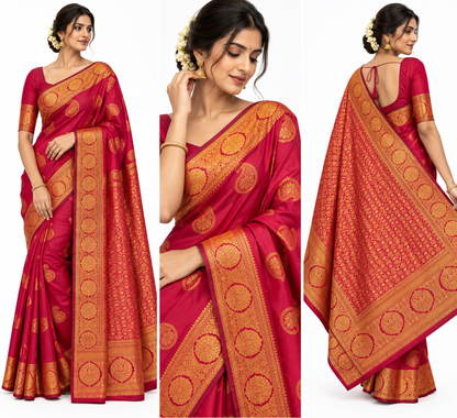 Elegant Magenta Kanchi Half Pattu Saree with Gold Paisley Motifs & Rich Zari Border