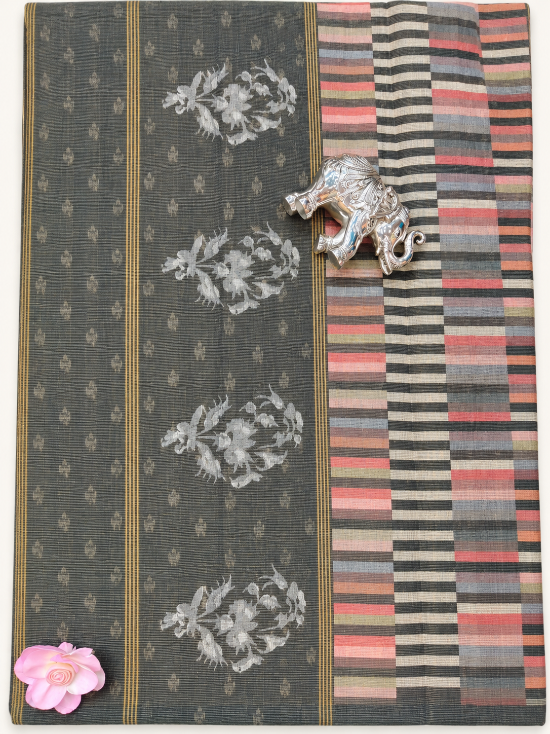 Elegant Beige Saree with Multicolour Fish Motifs, Floral Details & Black Red Woven Border
