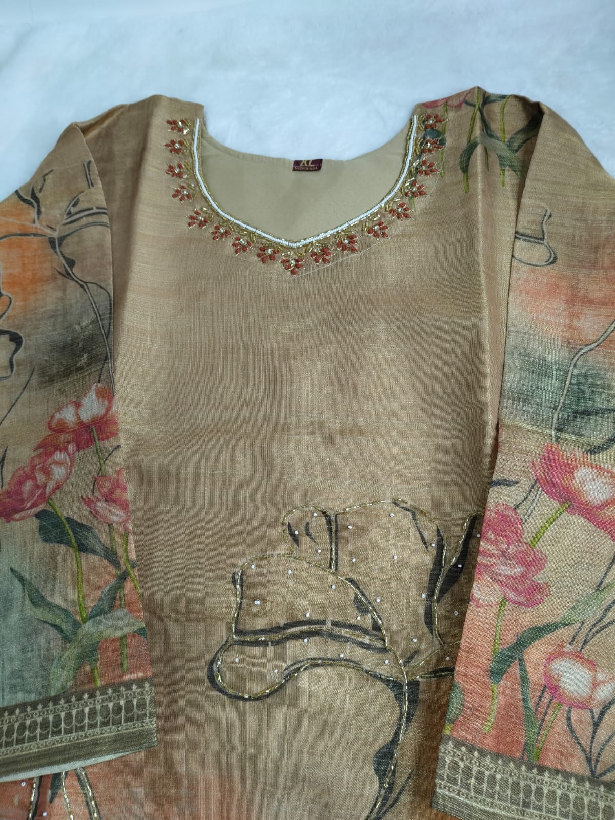 Warm Beige with Peach-Rose Floral Print SilkTouch Kurta Set(Code -RS-23)