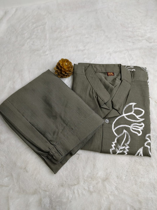 Olive Grey with White Thread Embroidery Co-ord Set(Code - RS-03)