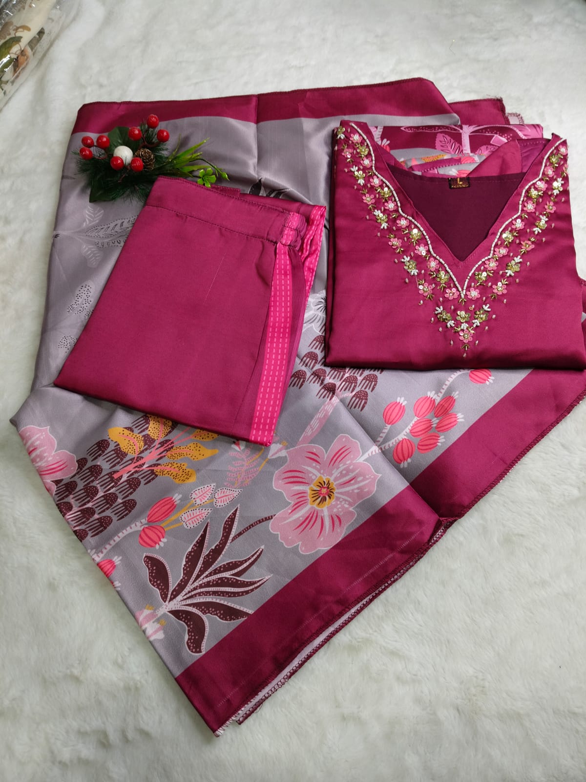 Plum Garden Print Embroidered Kurta Set (Code - RS-36)
