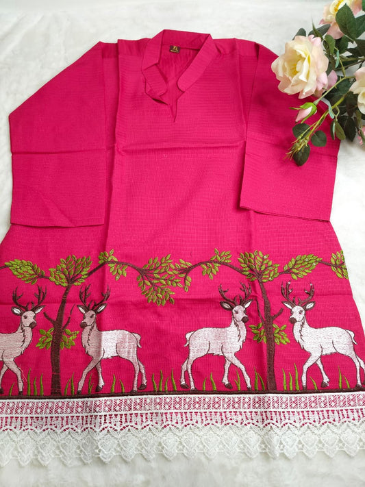Rani Pink Deer Forest Embroidery Co-ord Set (Code - RS-02)