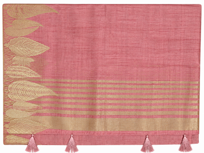 Elegant Rose Pink Semi Silk Saree with Antique Gold Leaf Motif & Woven Border