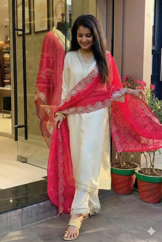 Stunning Designer Off White Kurta set with Red Lbadani duppata(Code - RS-34)
